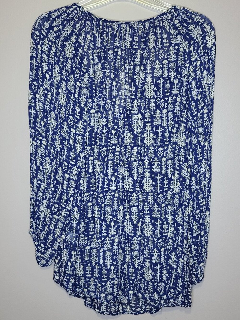Lucky Brand Blue & White Boho Peasant Blouse 1X Tassel Tie Long Sleeve Plus Size - Picture 3 of 4
